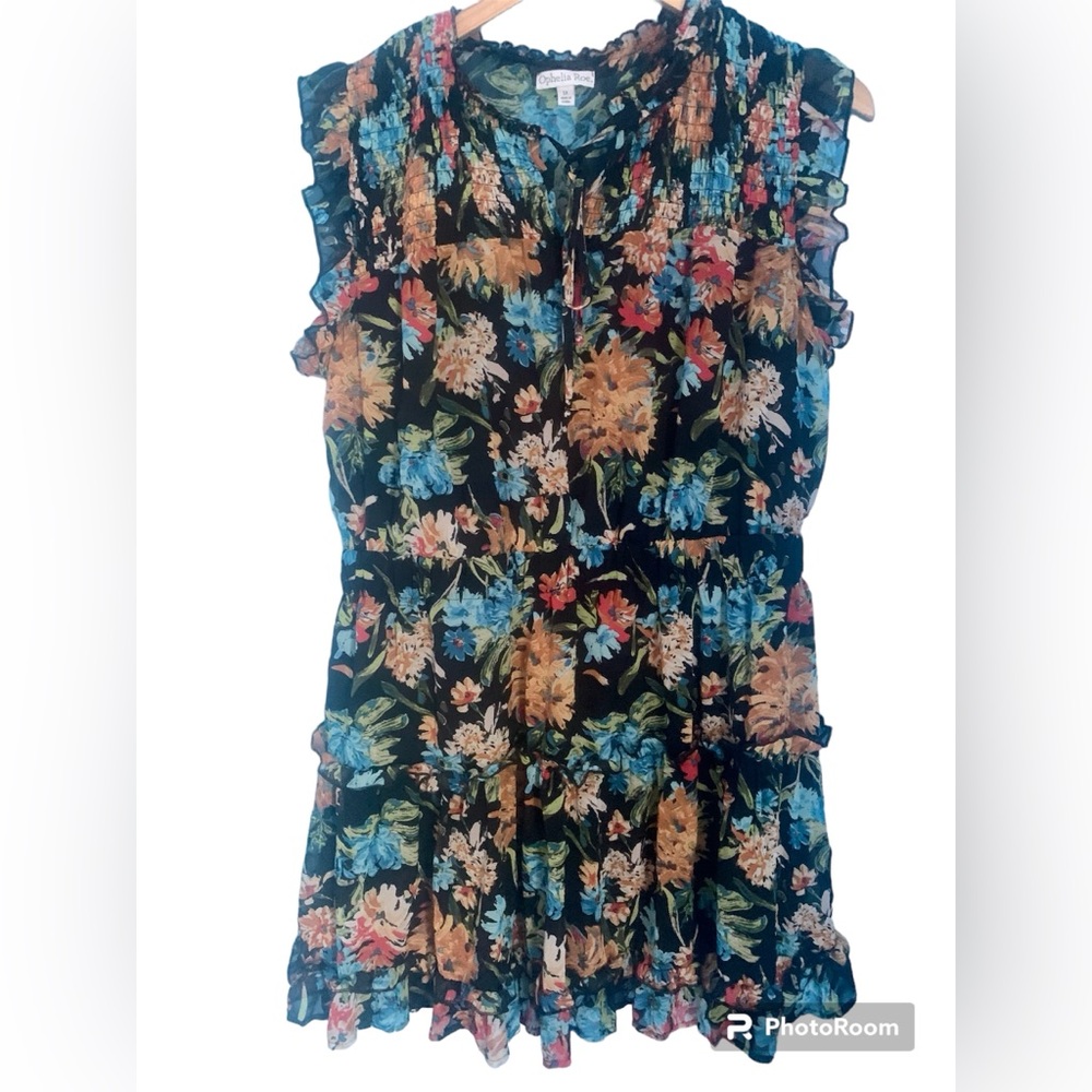 Ophelia Roe Floral Colorful Smocked Top Ruffle Sleeve Dress Size 1X
